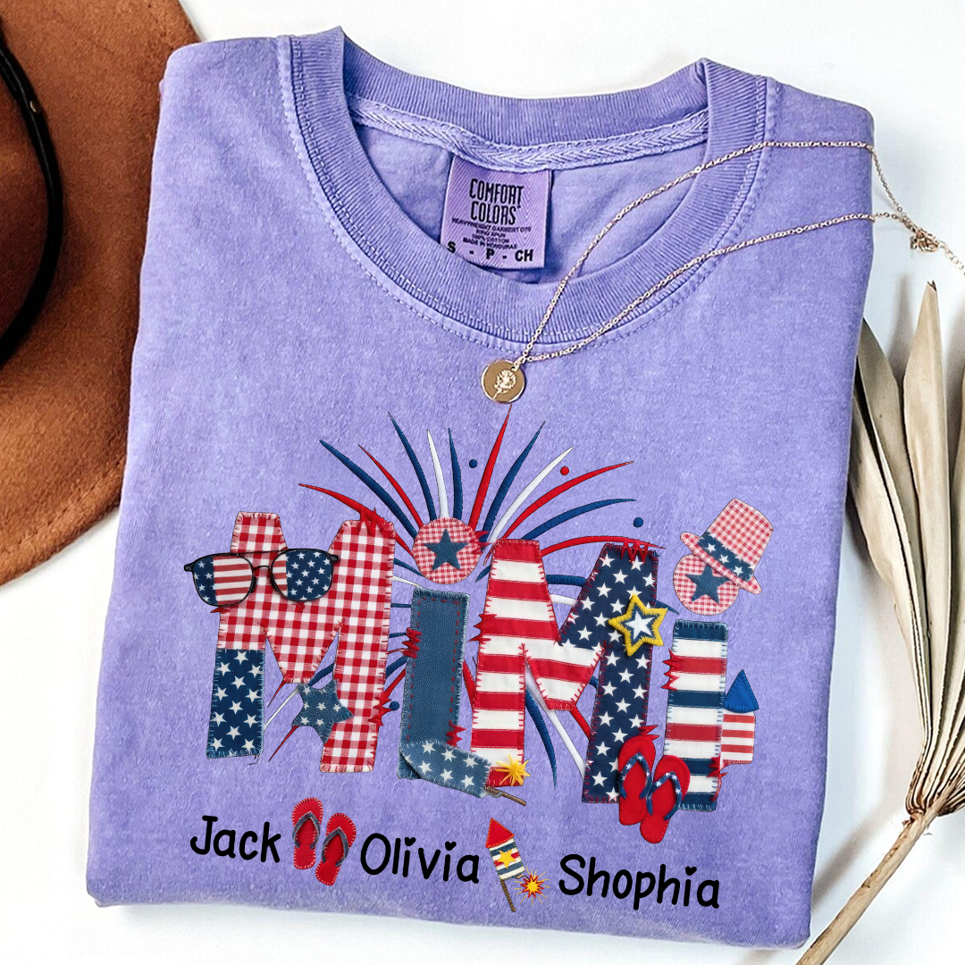 Comfort Colors Mimi Custom T Shirt with Patriotic Design & Grandkids' Names, Perfect for 4th of July