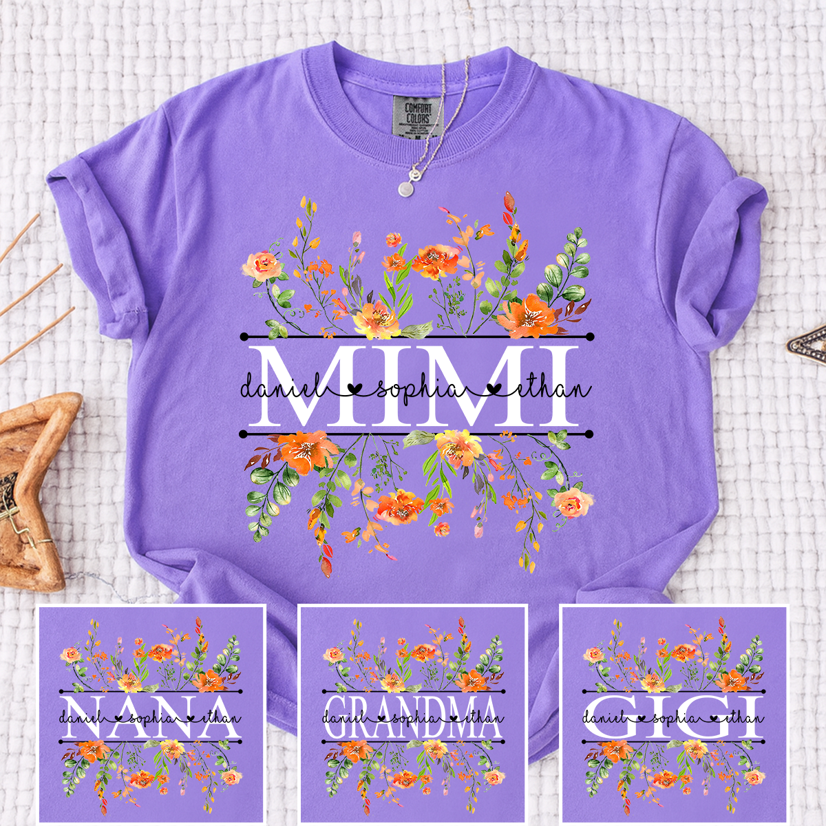 Comfort Colors Custom Mimi T-Shirt with Orange Wildflowers – Personalized Grandmother Gift Featuring Kids Names