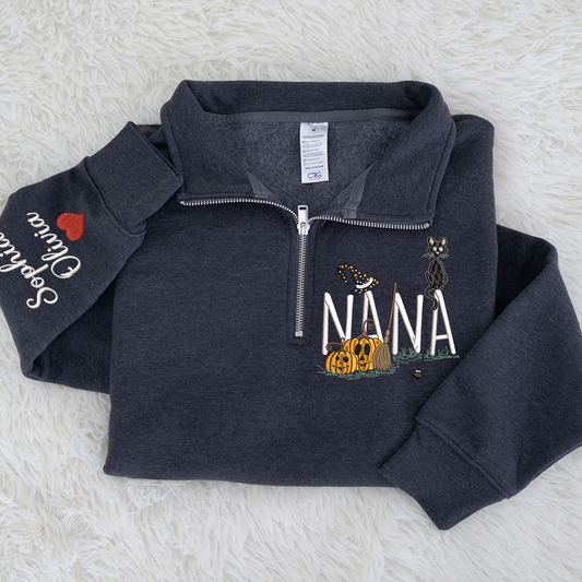 Personalized Nana Halloween Quarter Zip, Custom Embroidered Pumpkin Sweatshirt