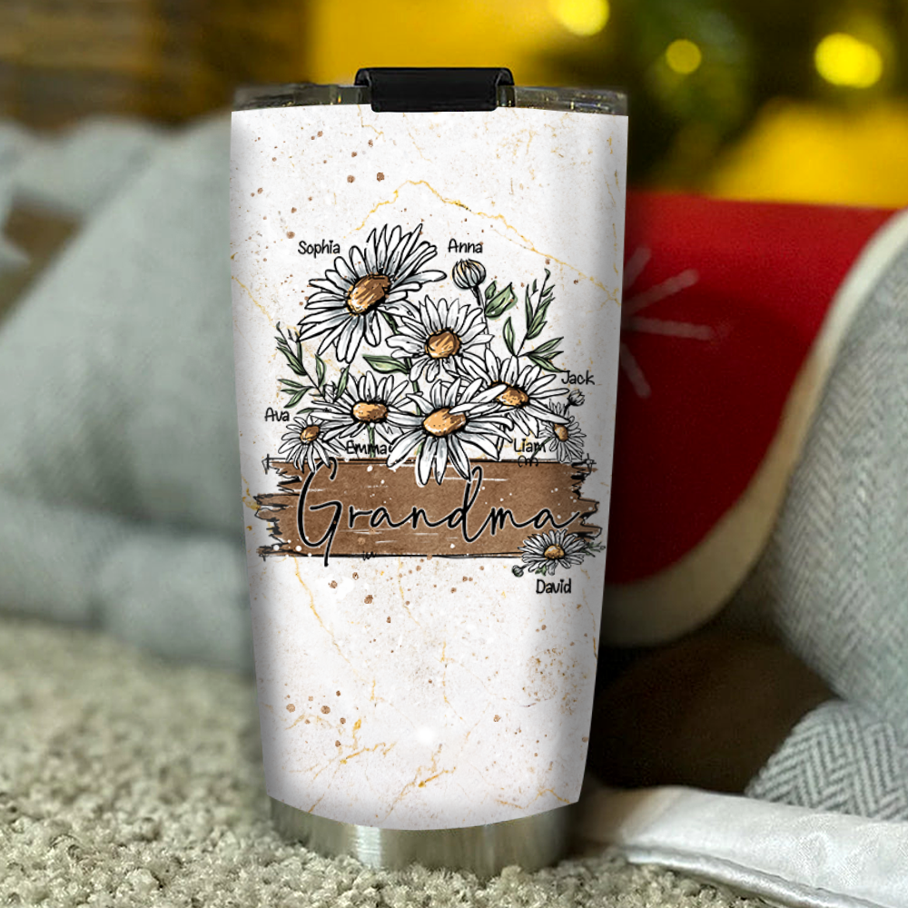 Personalized Water Cups, Custom Flower Daisy Grandma And The Kids. Portable Water Cup With Lid