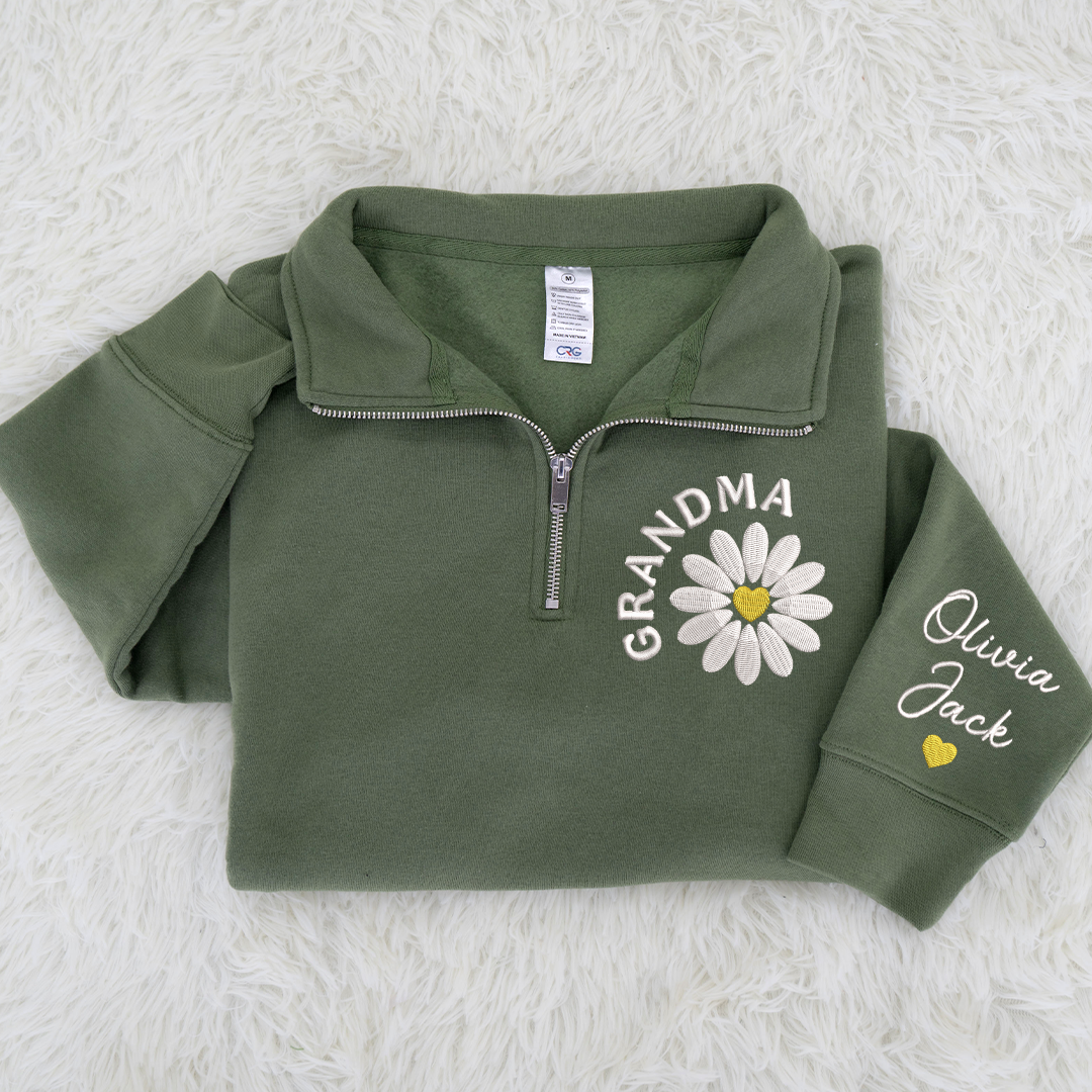 Grandma Embroidered Daisy Quarter Zip Sweater – Personalized With Grandchildren Names Gift