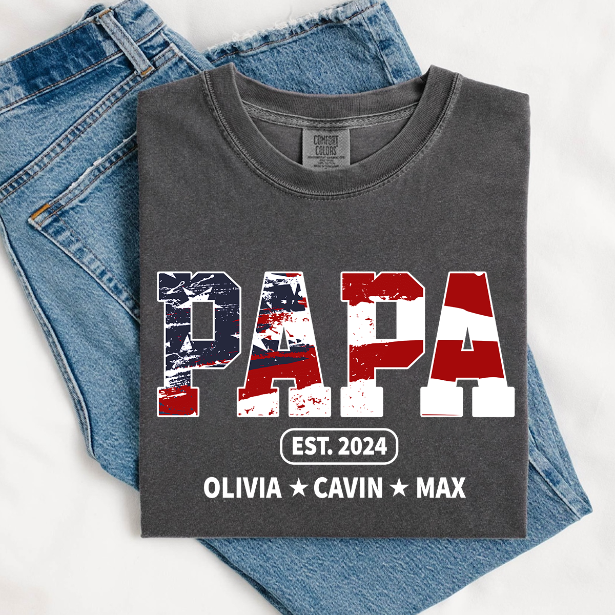 Comfort Colors® Papa Est Independence Day Shirt, Custom Nickname And Grandkids 4th Of July Shirt