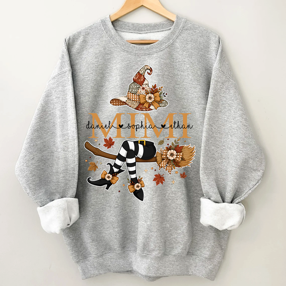 Personalized Halloween Mimi Sweatshirt, Witch Hat Pumpkin Floral Sweatshirt, Custom Kids Names Grandma Fall Outfit