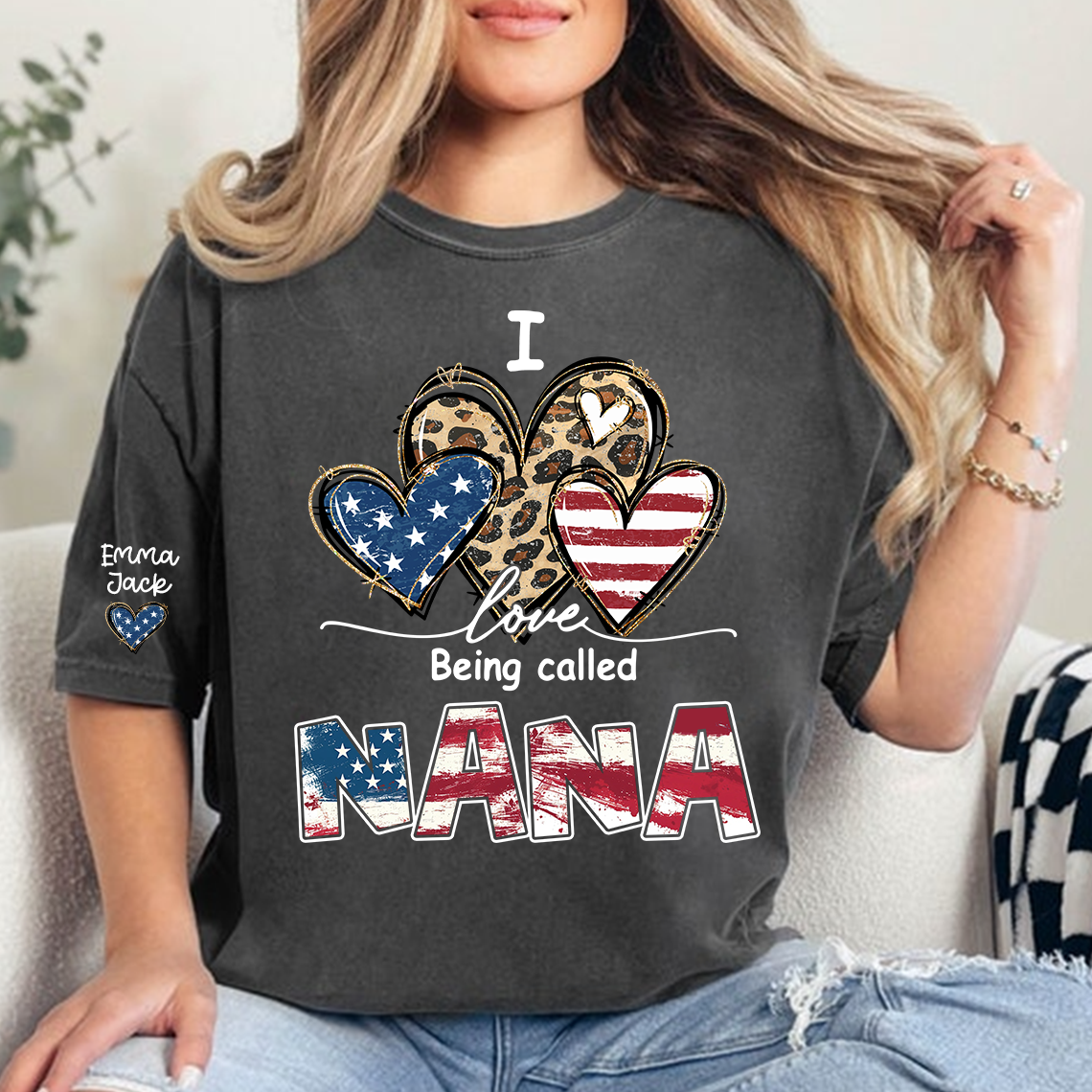 Custom I Love Being Called Nana Flag Heart T-shirt, Grandma Shirt with Kids, Mother's Day Gift for Grandma