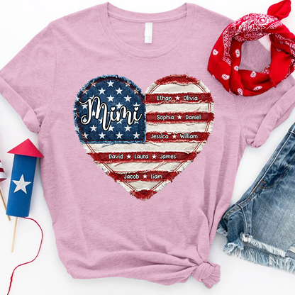 Personalized Mimi Shirt, Custom Family Names T Shirt, American Flag Heart Design, Patriotic Gift for Mimi
