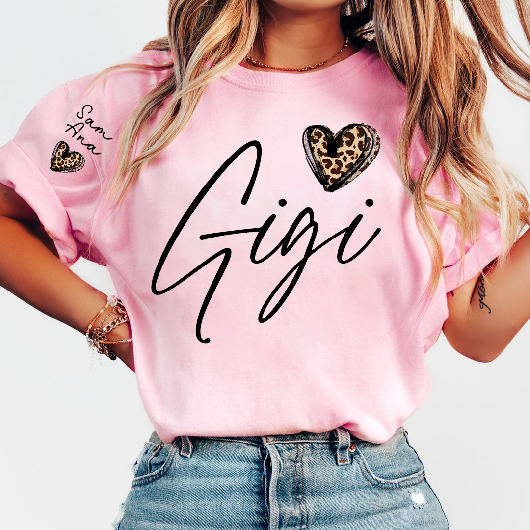 Personalized Gigi Heart Leopard Print T-shirts Custom Family T-Shirt with Heart Shape and Name