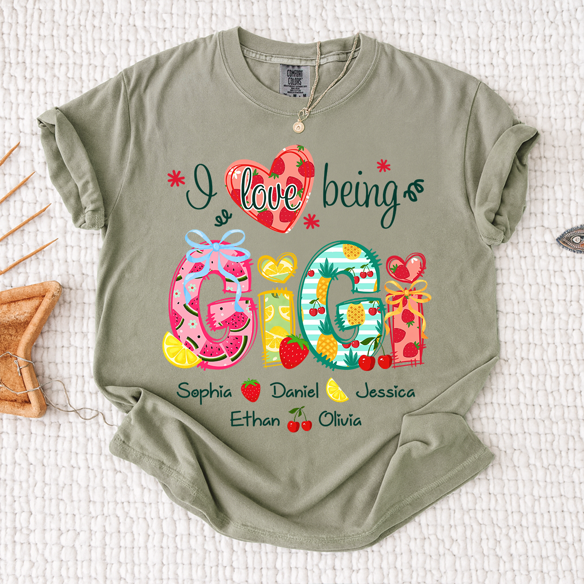 Comfort Colors I Love Being Gigi Shirt with Names, Personalized Fruit Pattern T-Shirt for Grandma, Summer Family Apparel