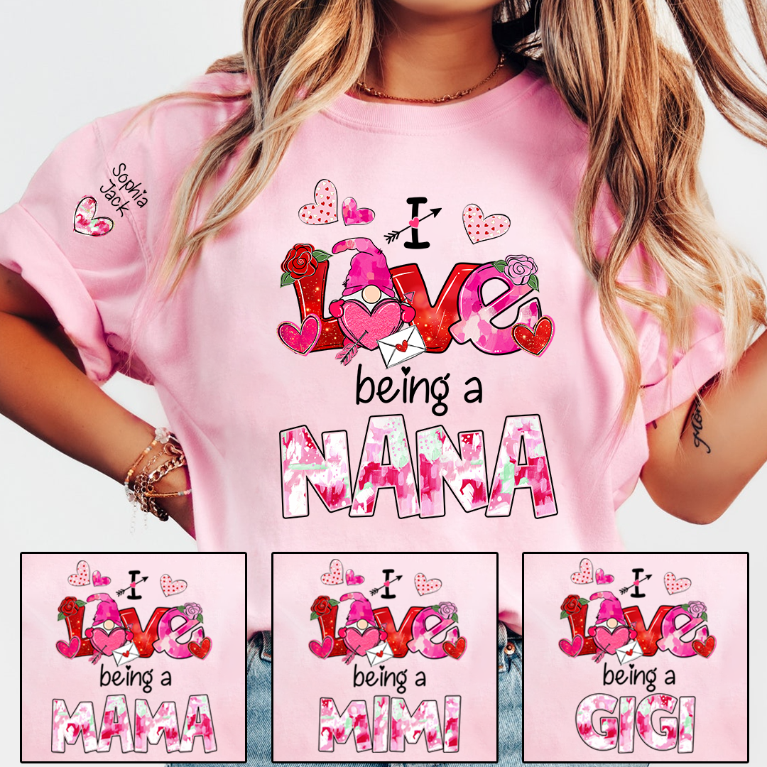 Personalized I Love Being A Nana Valentine T-shirt, Cute Bow and Strawberry Design for Grandma and Kids