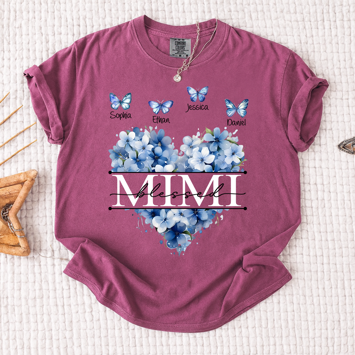 Comfort Colors Blessed Mimi T Shirt, Personalized with Kids Names, Heart Shaped Floral Design with Butterflies, Perfect for Mimi