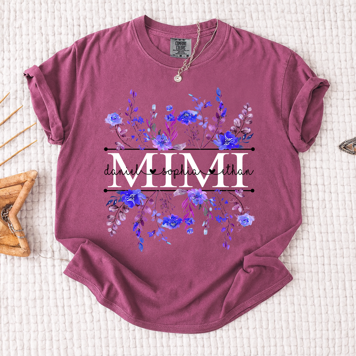 Comfort Colors Personalized Mimi Shirt with Purple Wildflower Design – Custom Grandma Gift with Grandkids Names