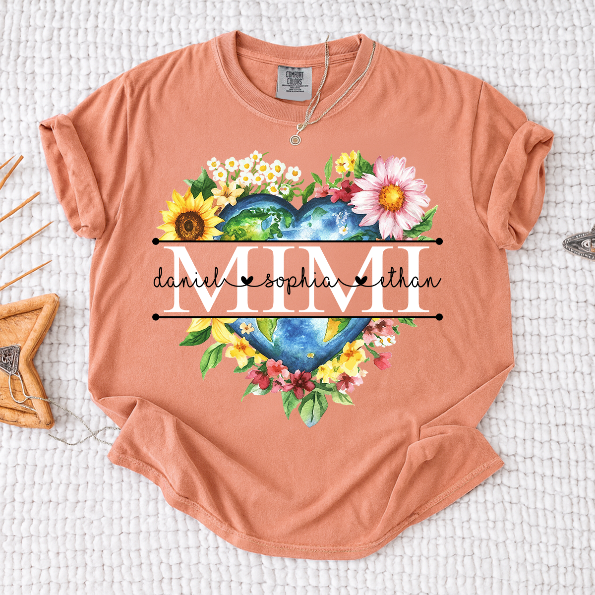 Comfort Colors Custom Mimi Heart Shaped Earth Shirt, Floral Heart Graphic with Grandkids Names, Family Love Tee