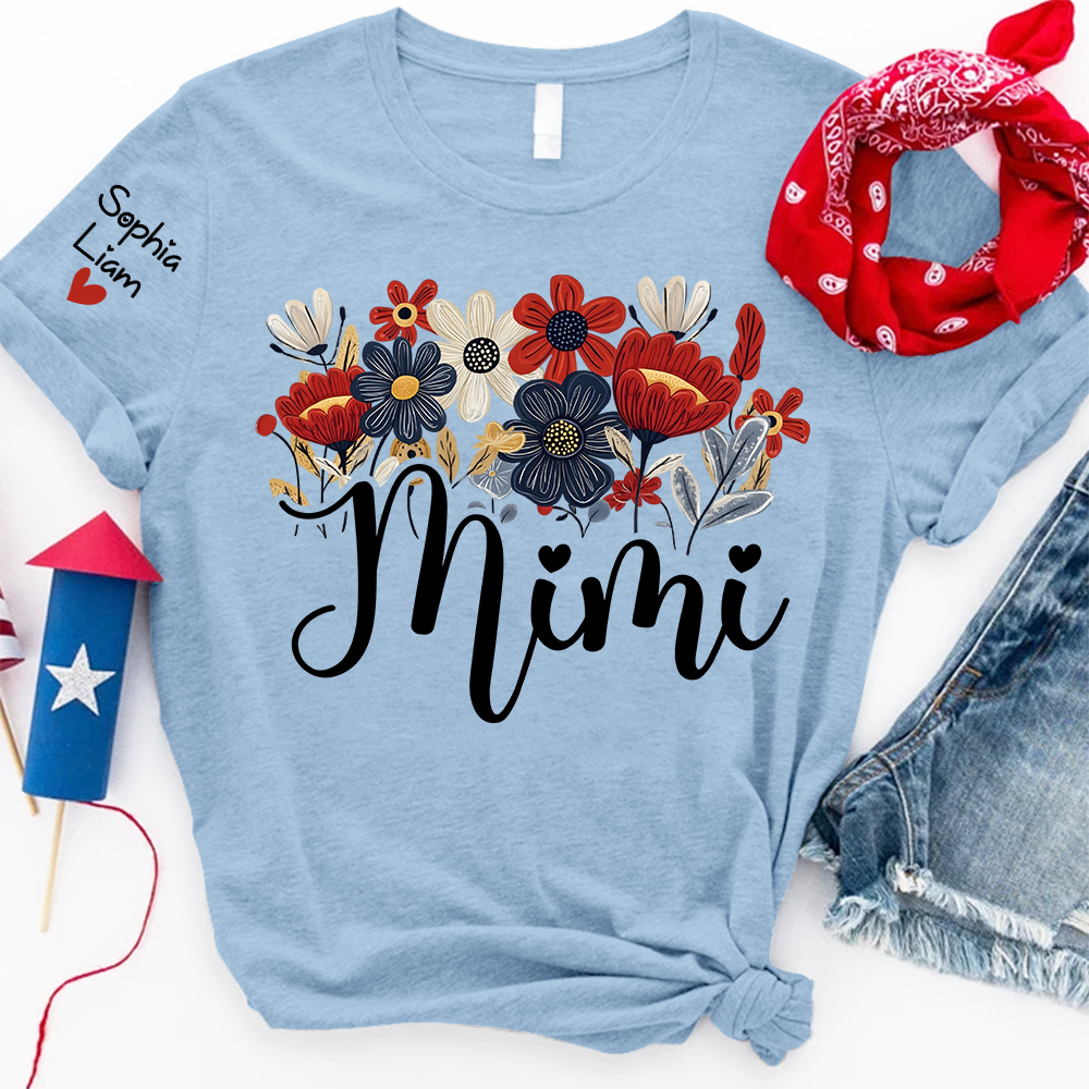Personalized Grandma Mimi Shirt with Floral Design and Sleeve Names, 4th of July Shirt