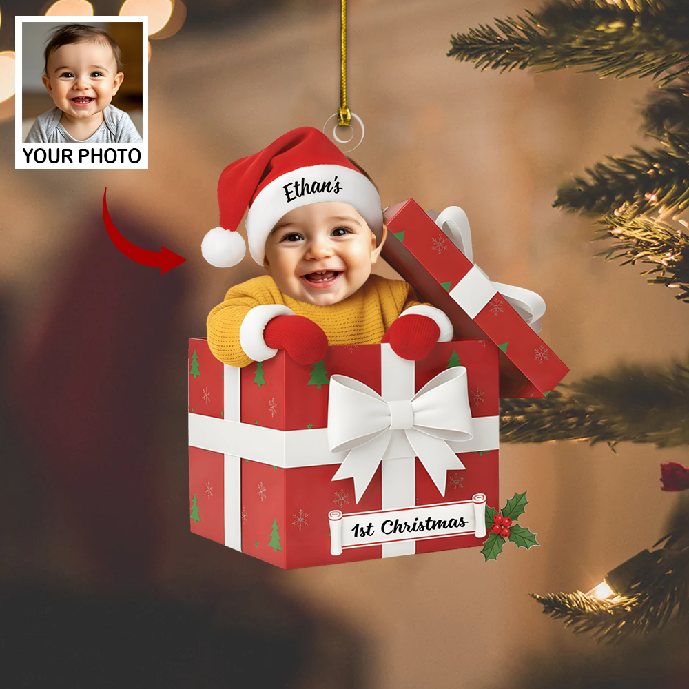 Custom Baby Photo Ornament 2025 – Baby’s 1st Christmas Gift Box Design, Personalized Name Christmas Decoration Ornament