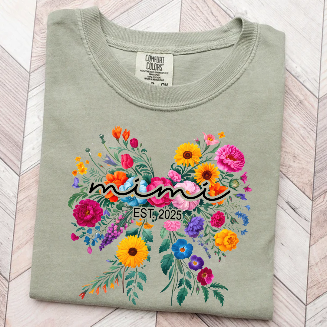 Comfort Colors® Mimi Bow Flower Est T-Shirt, Custom Grandma With Grandkids Shirt