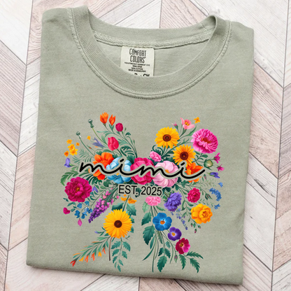 Comfort Colors® Mimi Bow Flower Est T-Shirt, Custom Grandma With Grandkids Shirt