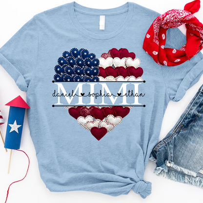 Personalized Mimi T Shirt, American Flag Heart Design, Custom Family Names Shirt