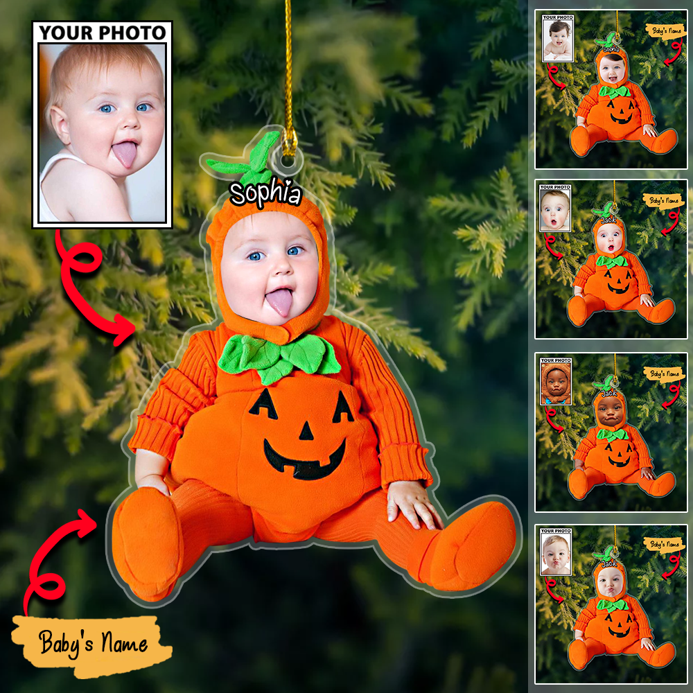 Baby Photo Ornament, Custom Pumpkin Halloween And Merry Christmas Decoration with Name