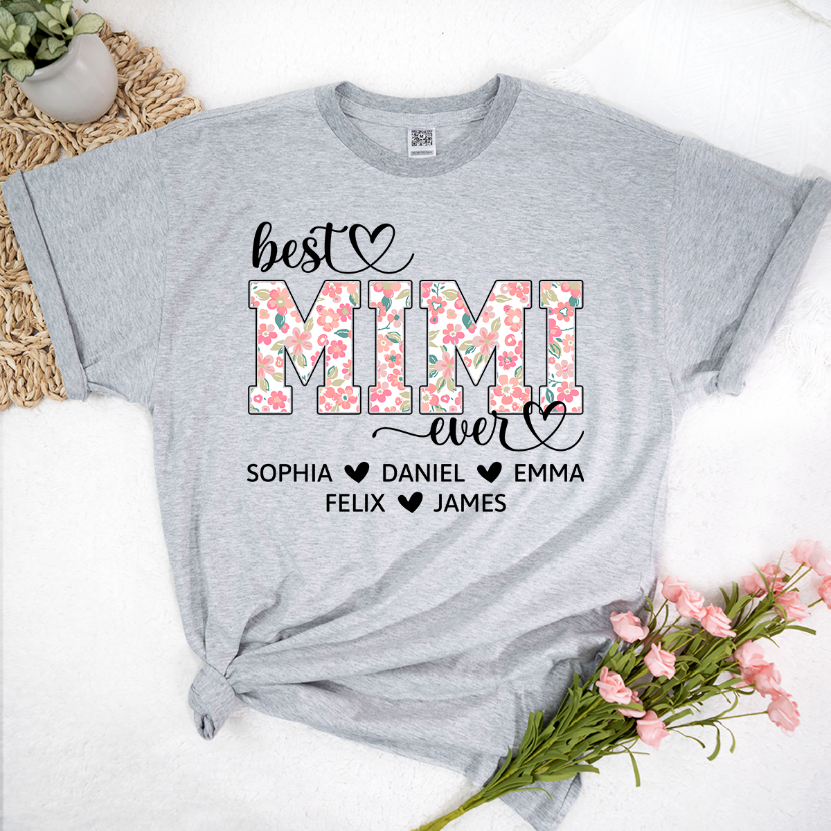 Best Mimi Ever Personalized T Shirt, Custom Floral Design with Grandkids Names