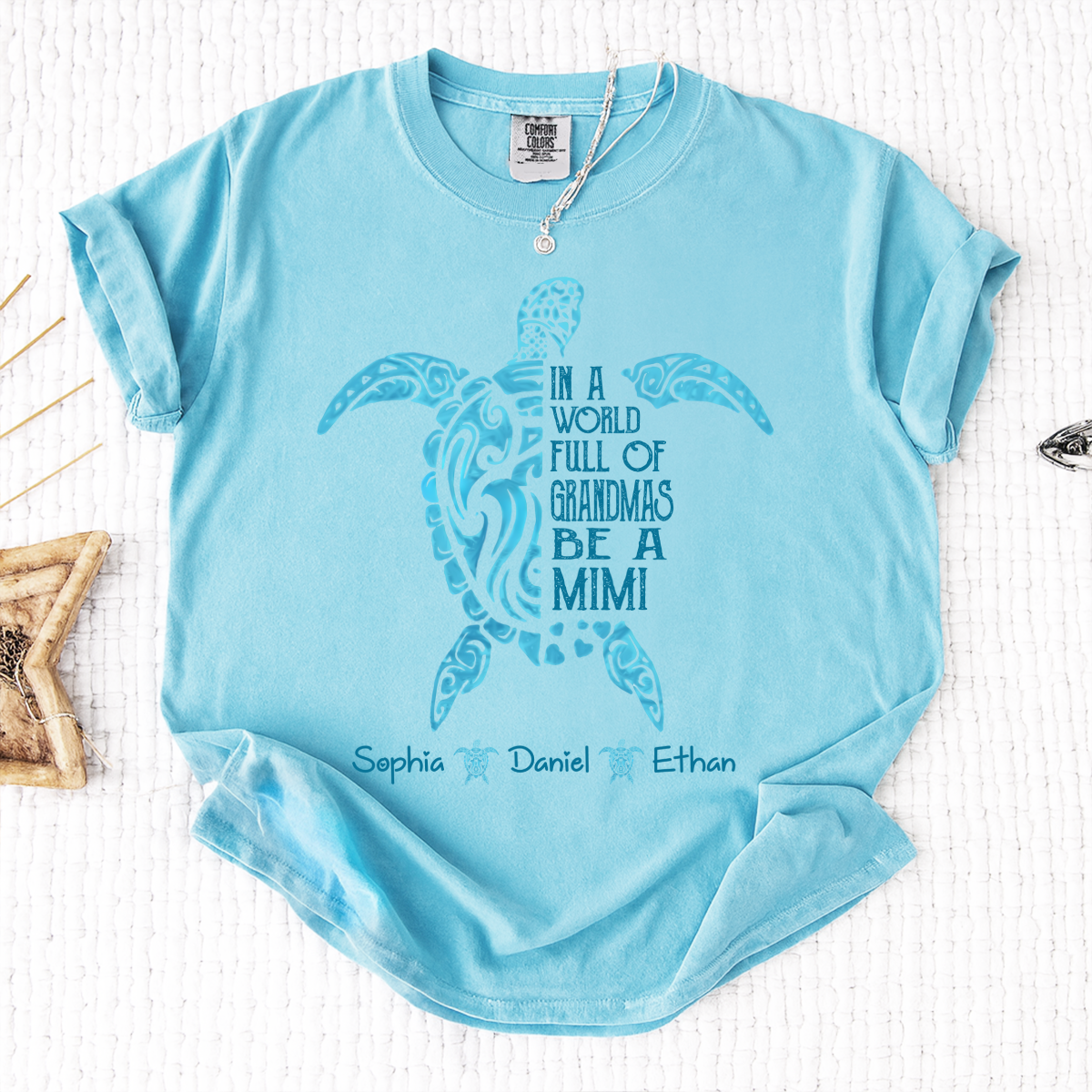 Comfort Colors In A World Full Of Grandmas Be A Mimi Shirt – Personalized Sea Turtle Graphic Tee, Custom Kids Names Gift for Mimi