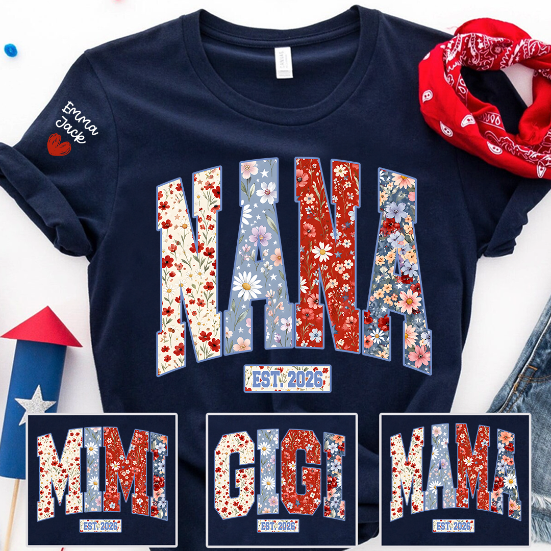 Personalized Nana 4th July Independence Day American, Floral American FlagT-Shirt, Patriotic Gift For Grandma And Kids