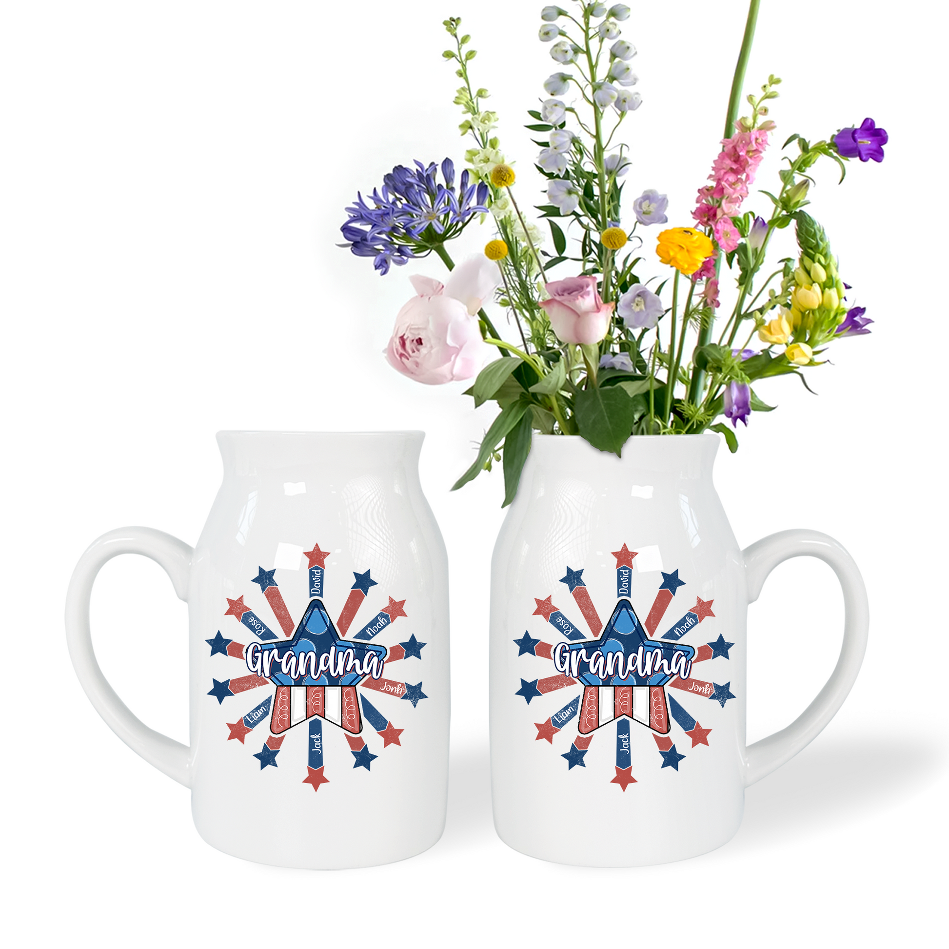 Star Flag Grandma And Kids - Custom Home Decoration Flower Vase According To Family Requirements - Warm Gift For Mother's Day, Ceramic Flower Vase