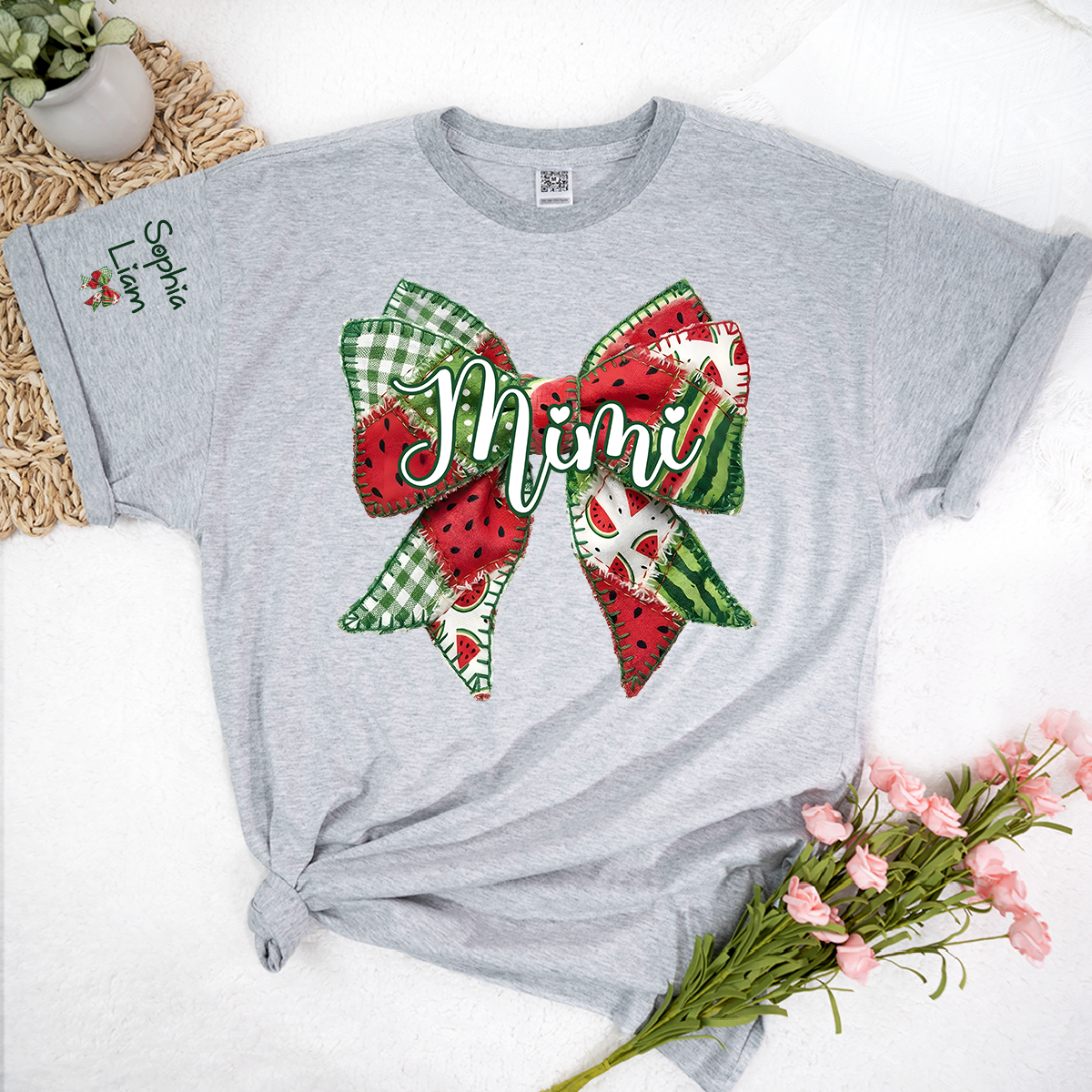 Personalized Mimi Watermelon Bow Shirt, Custom Grandma T Shirt with Grandkids Names, Summer Family Tee for Nana Gigi Mimi