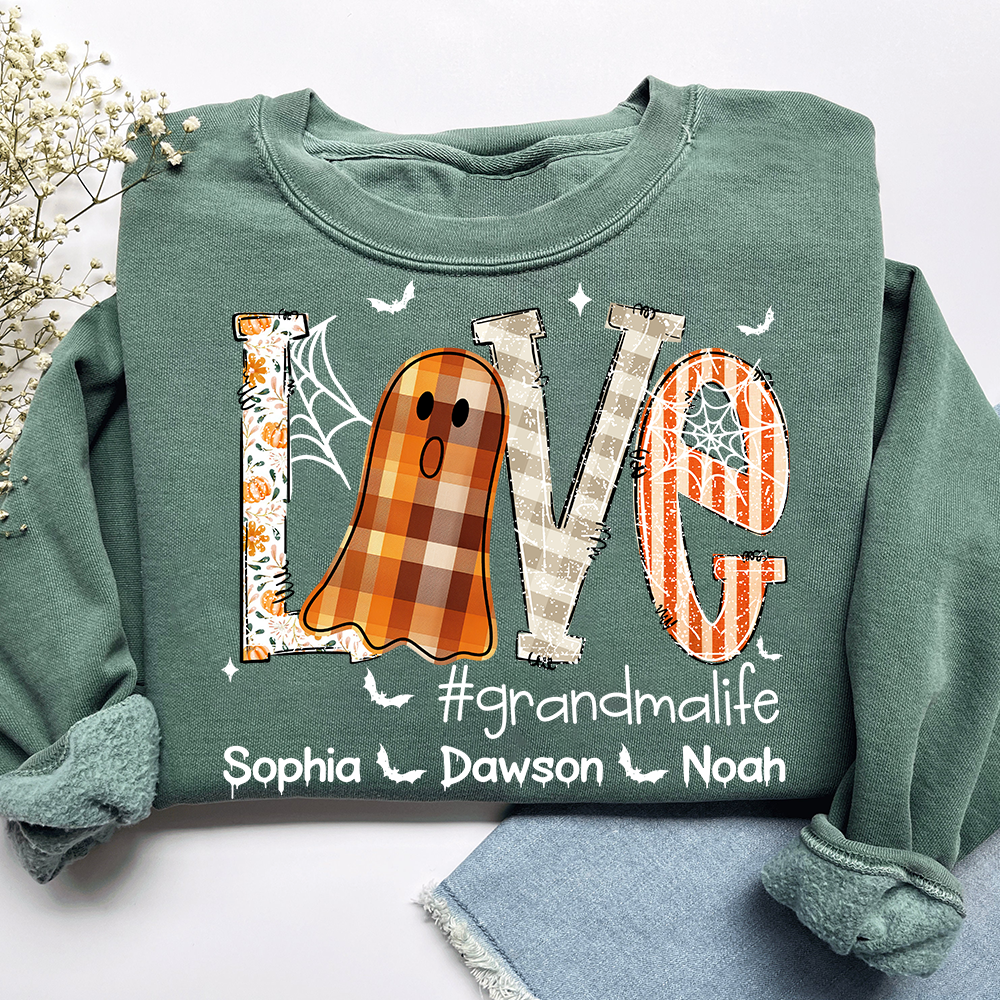Personalized Grandma Halloween Outfit, Cute Ghost Sweatshirt with Grandkids Names