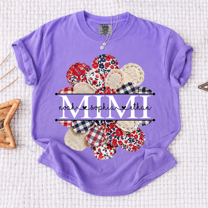 Comfort Colors Custom Mimi T-shirt with Grandkids Names, Red and Blue Floral Patchwork