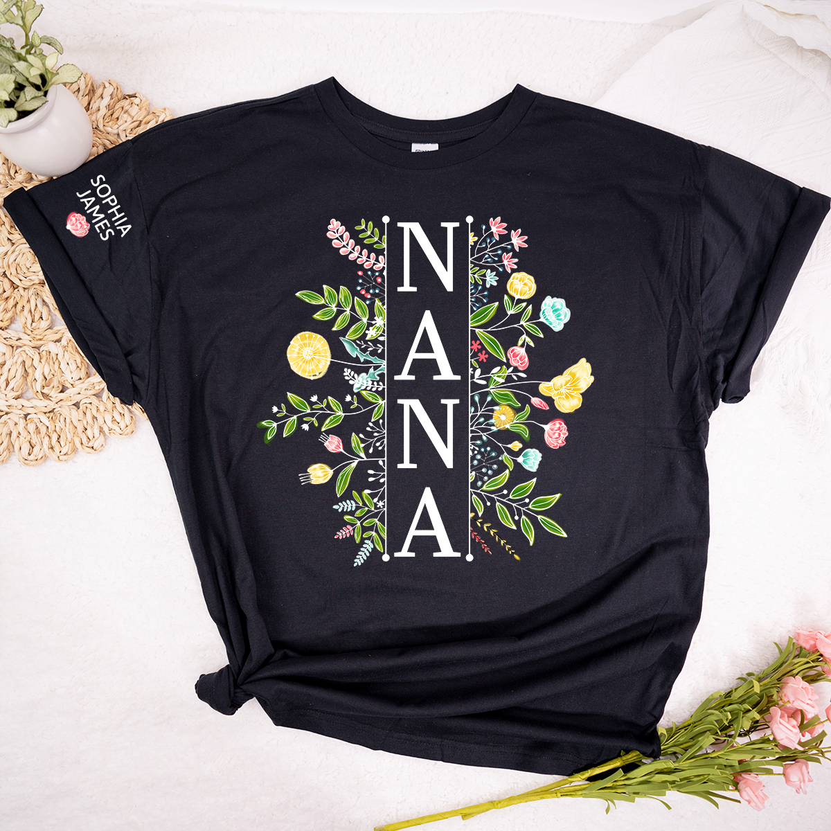 Custom Nana T Shirt with Colorful Floral Artwork, Personalized Gift for Grandma Featuring Kids Names