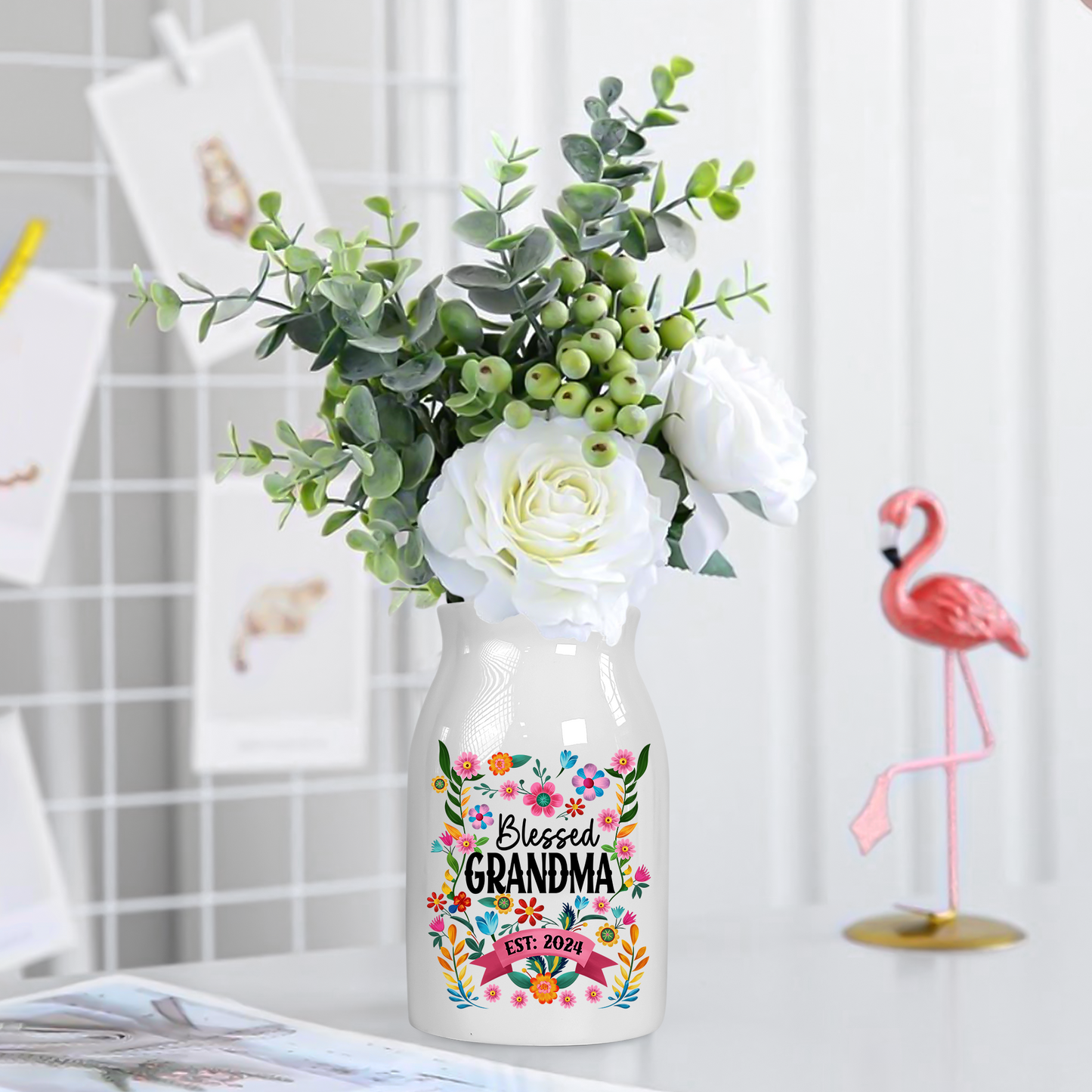 Blessed Grandma Est And Kids - Custom Home Decoration Flower Vase According To Family Requirements - Warm Gift For Mother's Day, Ceramic Flower Vase