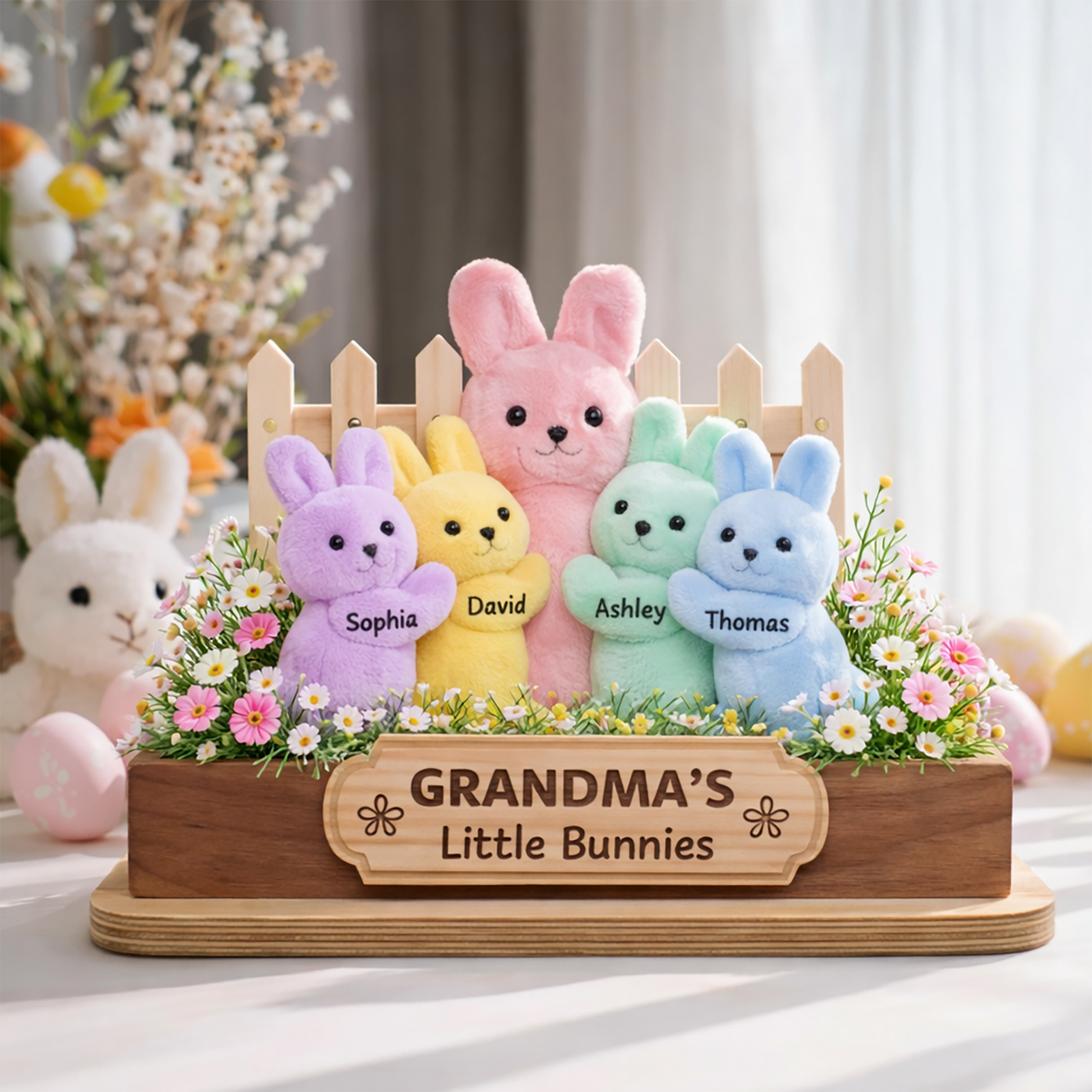 Personalized Easter Wooden Plaque - "Grandma's Little Bunnies" with Custom Grandkids' Names, Plush Bunny and Floral Design