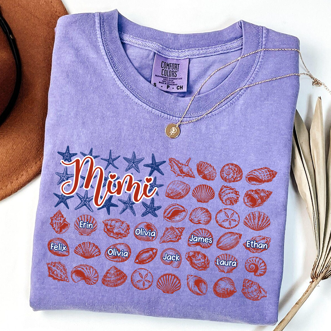 Comfort Colors Custom Mimi Shirt with Kids Names, Personalized Beach Shells Grandma Tee, Summer Family Vacation Gift for Grandmother
