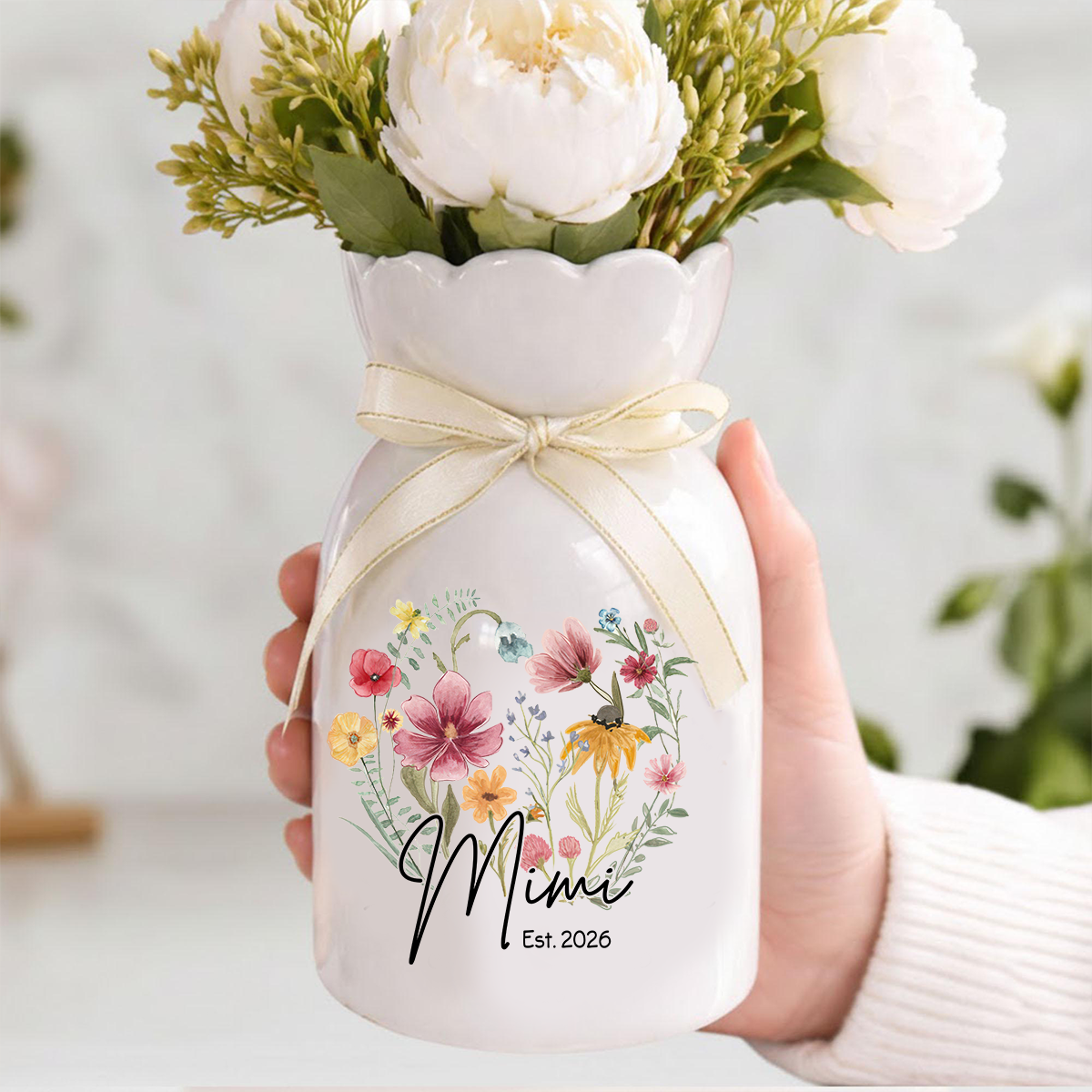 Custom Mimi Flower Vase, Personalized Ceramic Vase with Family Names, Ideal Gift for Nana