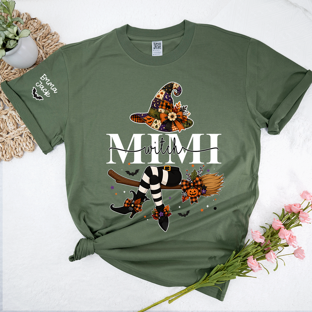 Personalized Grandma Mimi Halloween Shirt, Cute Witch and Pumpkin Design Tee, Custom Grandchildren Names T Shirt