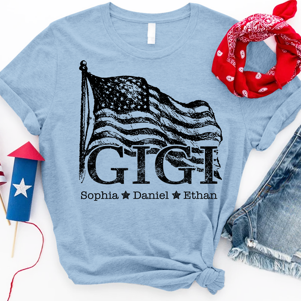 Gigi USA Flag T shirt, Personalized with Kids' Names, Custom Family Shirt for 4th of July