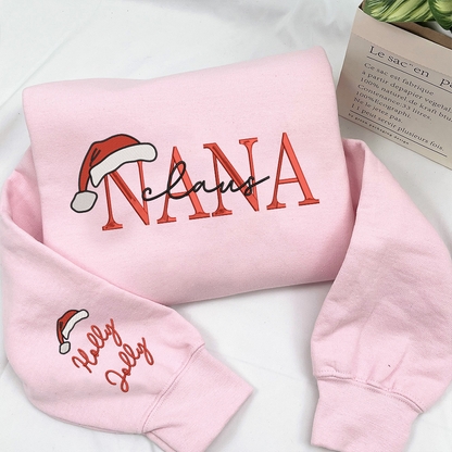 Nana Claus Christmas And Kids Embroidered Sweatshirt