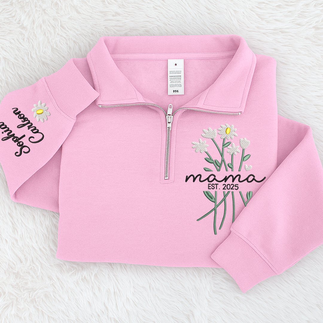 Custom Embroidered Mama Sweatshirt – Quarter Zip Floral Pullover for Mom