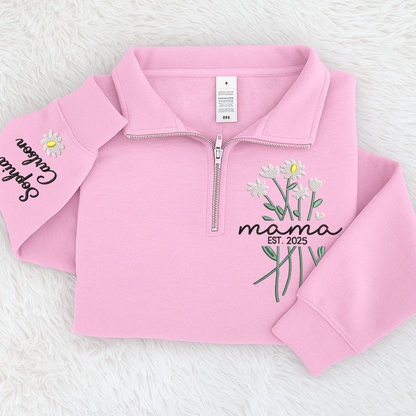 Custom Embroidered Mama Sweatshirt – Quarter Zip Floral Pullover for Mom