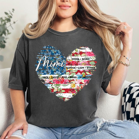 Personalized Mimi Heart Shirts With Children's Names, Family T-Shirts With Stylized Floral And American Flag Designs