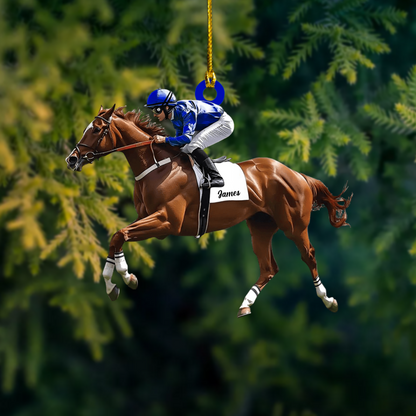 Personalized Horse Racing Ornament – Custom Name Jockey Riding Horse Christmas Decoration, Gift for Equestrian & Race Fans Ornament