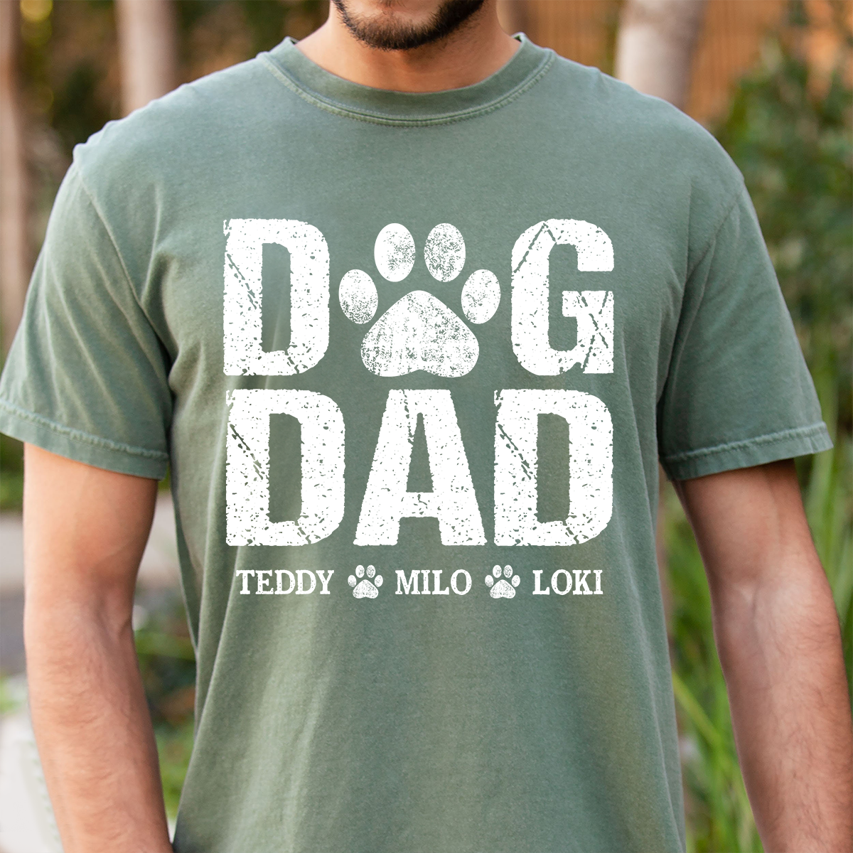 Custom Dog Dad T Shirt, Paw Print Design, Personalized with Dog Names, Perfect Gift for Dog Lovers