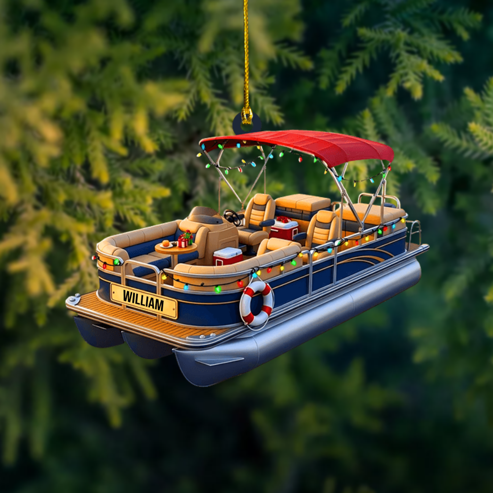 Personalized Pontoon Boat Ornament 2025 – Custom Name Boating Christmas Tree Decoration Gift Ornament