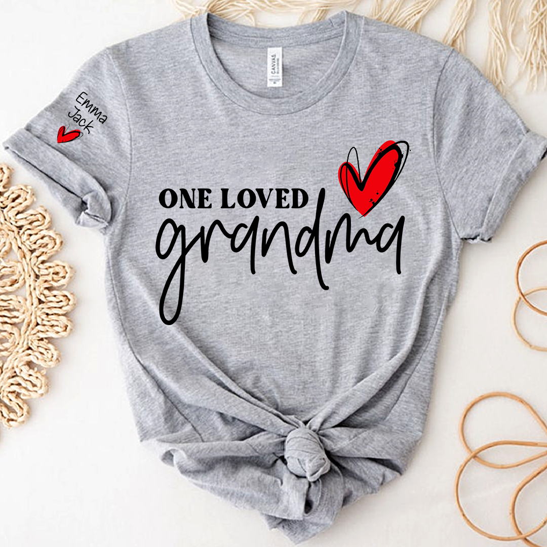 One Loved Grandma T-Shirt, Personalized Grandma T-Shirt with Heart Design and Custom Name