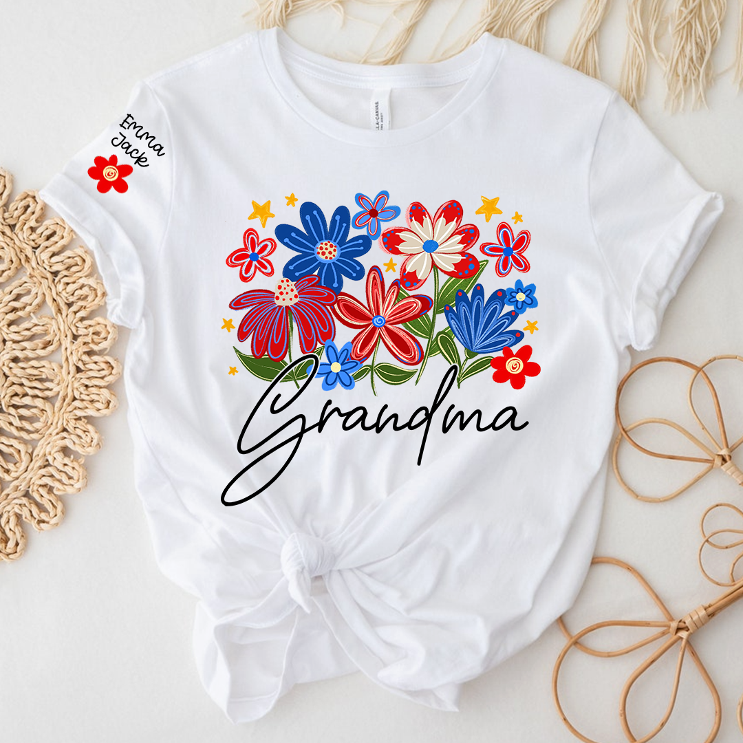 Grandma T-shirt With Heart And Flower Print, Custom Pinted Family Names