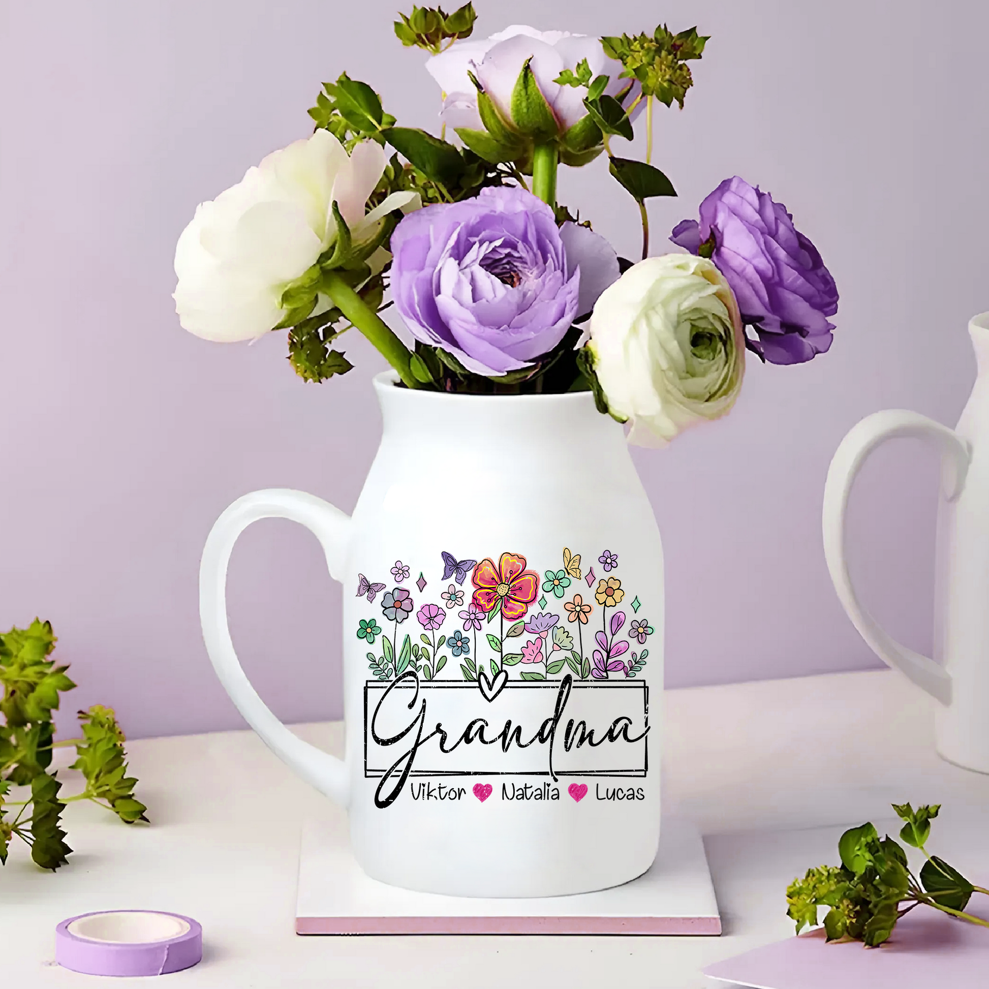 Wildflower Grandma And Kids - Custom Home Decoration Flower Vase According To Family Requirements - Warm Gift For Mother's Day, Ceramic Flower Vase