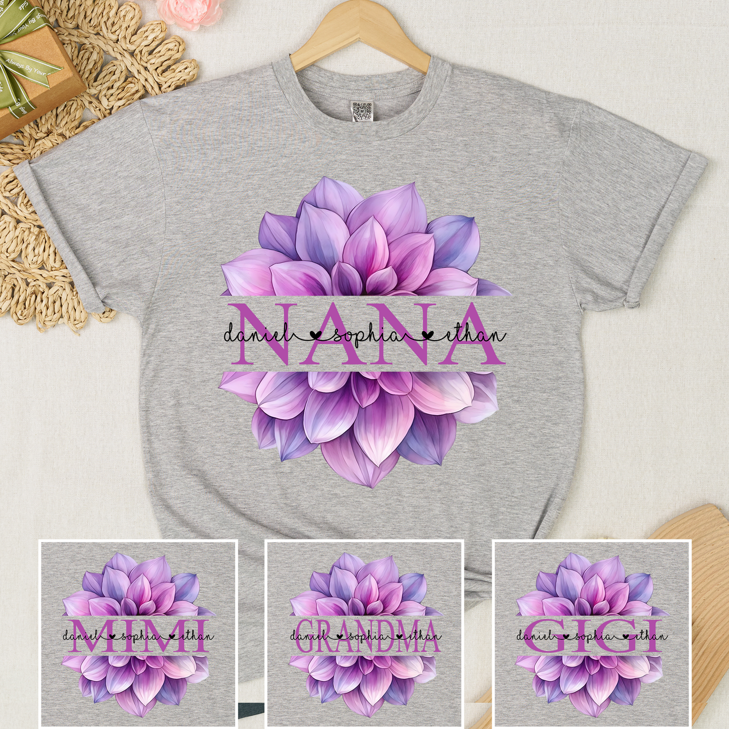 Custom Nana T Shirt with Beautiful Purple Flower, Personalized Grandma Gift with Grandkids Names