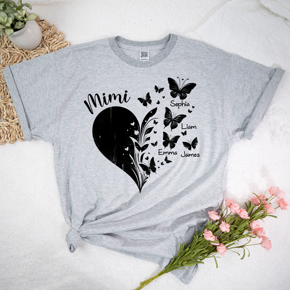 Mimi Butterfly Heart Shirt with Kids Names, Personalized Mimi Grandma T-Shirt Gift for Her