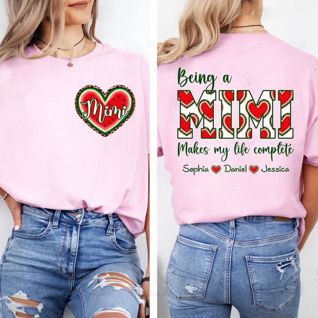 Personalized Mimi Watermelon Heart Shirt, Custom Grandma Comfort Colors Tee with Grandkids Names, Being a Mimi Makes My Life Complete
