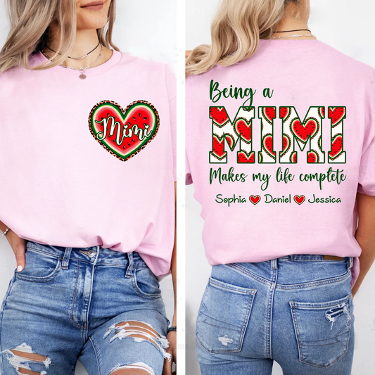 Personalized Mimi Watermelon Heart Shirt, Custom Grandma Comfort Colors Tee with Grandkids Names, Being a Mimi Makes My Life Complete