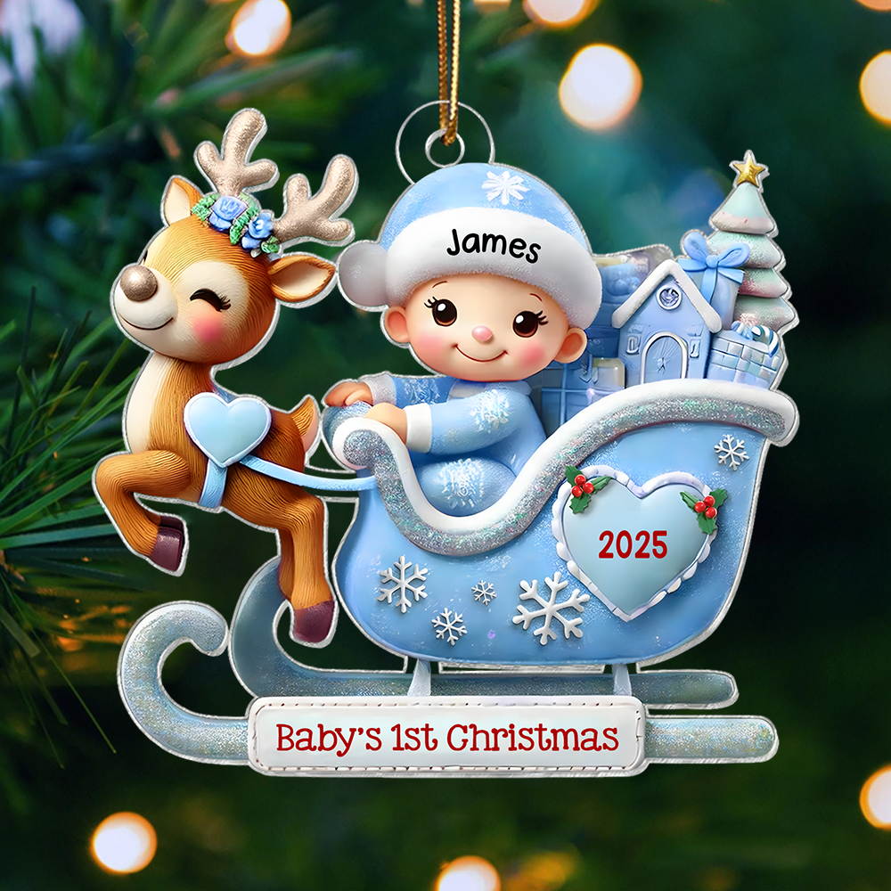 Personalized Baby’s First Christmas Ornament 2025 – Custom Name Reindeer Sleigh Ornament for Newborn Boys & Girls